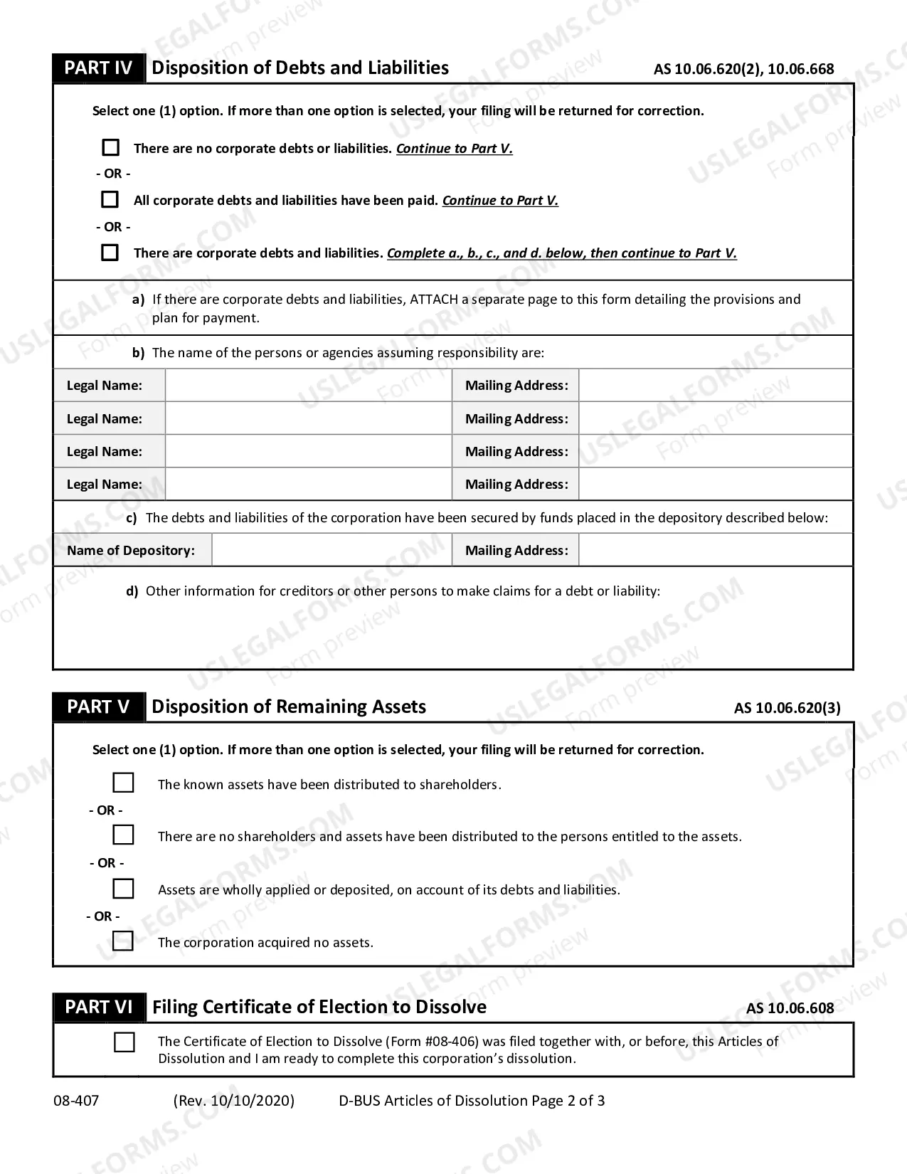 Preview Articles of Dissolution (Domestic Business Corporation)