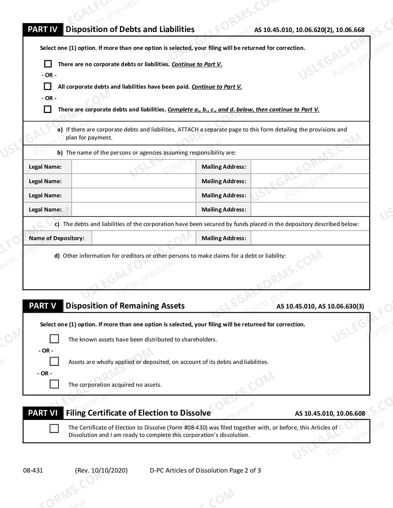 Preview Articles of Dissolution (Domestic Professional Corporation)
