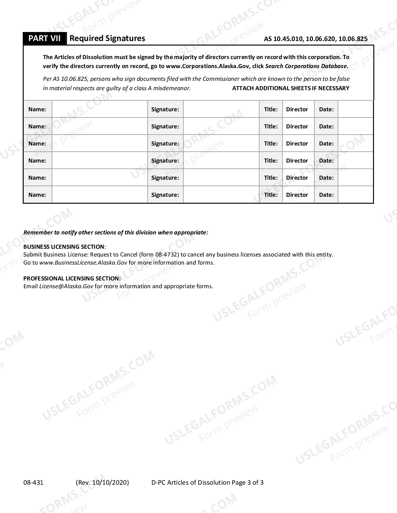 Preview Articles of Dissolution (Domestic Professional Corporation)