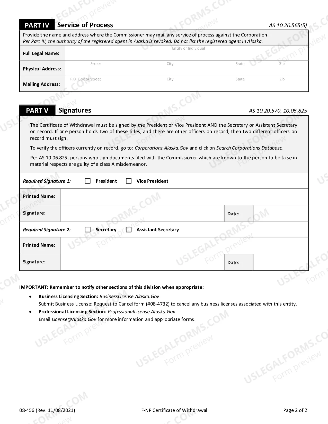 Preview Certificate of Withdrawl (Foreign Nonprofit Corporation)