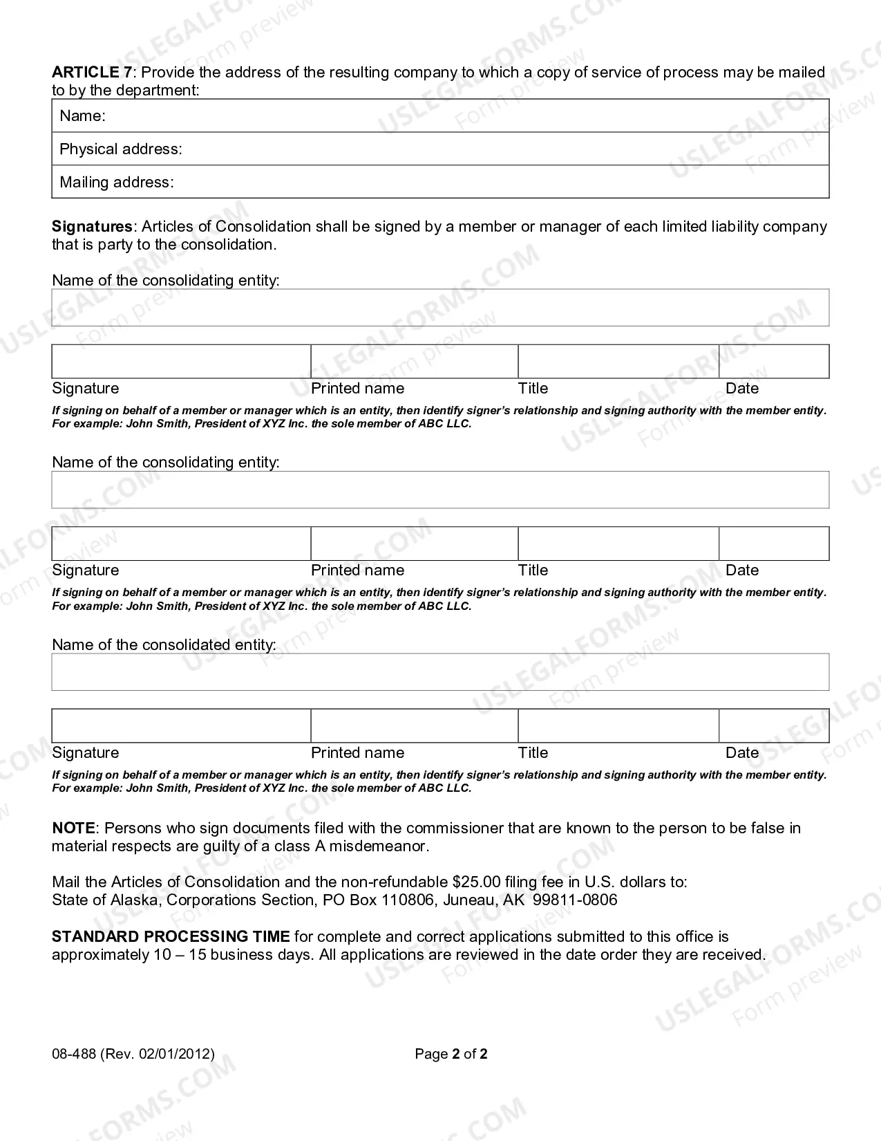 Preview Articles of Consolidation Limited Liability Company