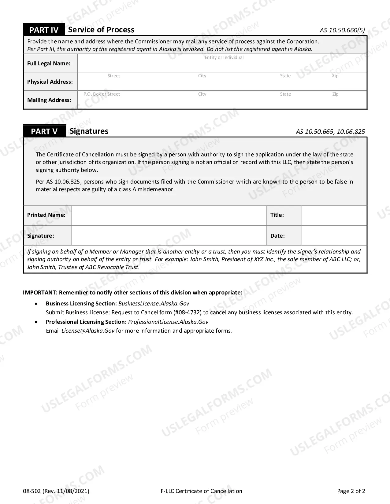 Preview Certificate of Cancellation (Foreign LLC)