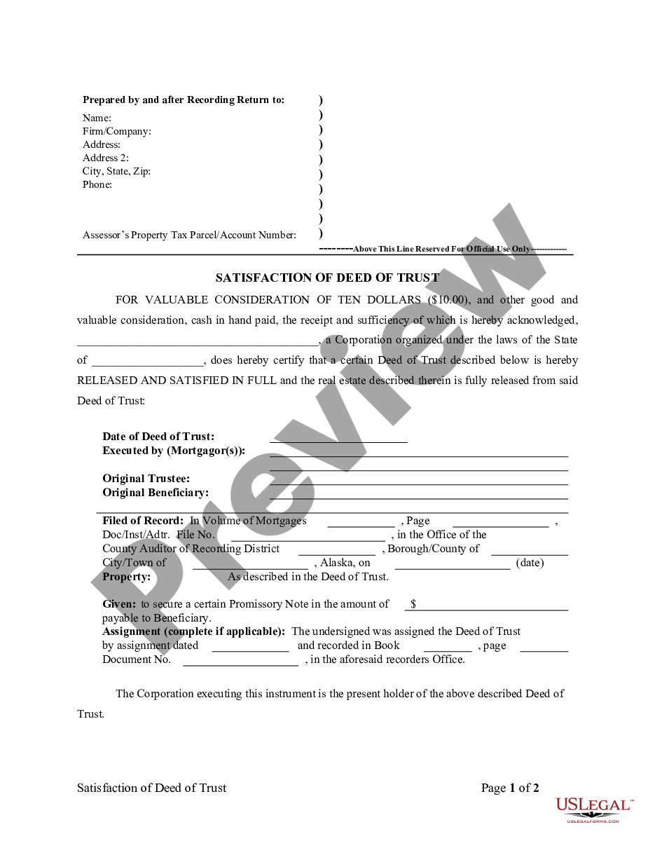 form Satisfaction, Release or Cancellation of Deed of Trust by Corporation preview