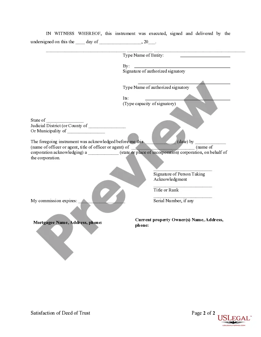 Preview Satisfaction, Release or Cancellation of Deed of Trust by Corporation