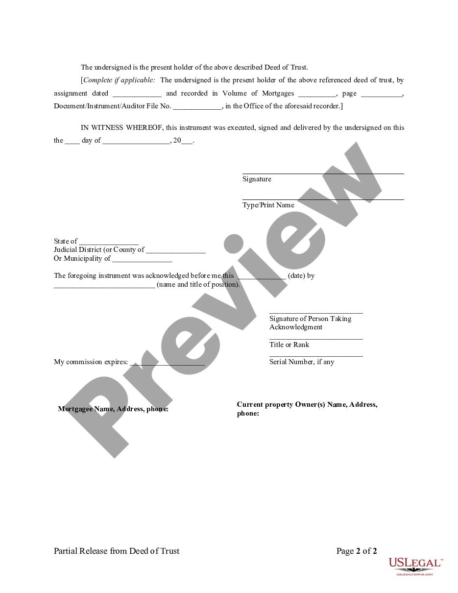 page 1 Partial Release of Property From Deed of Trust for Individual preview