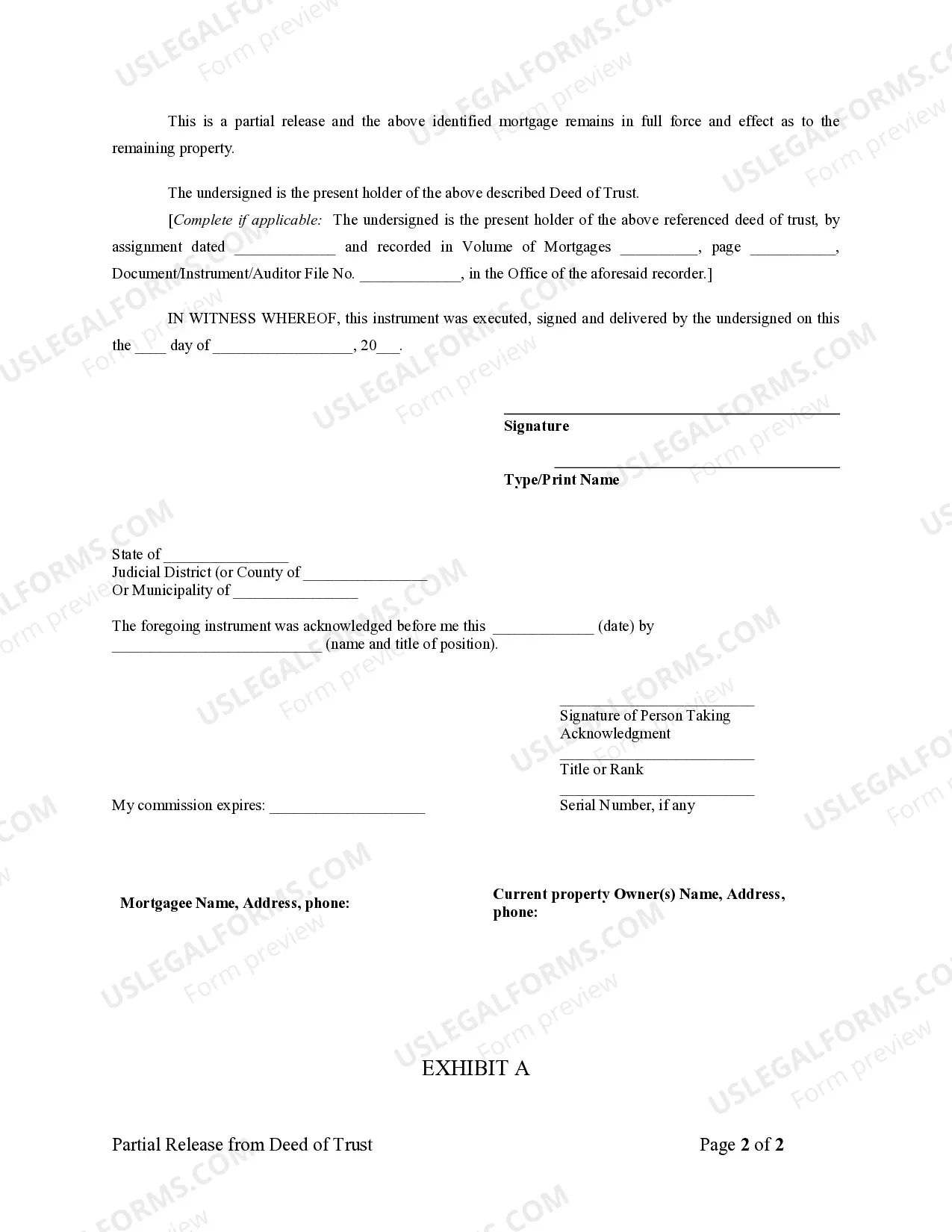 Preview Partial Release of Property From Deed of Trust for Individual