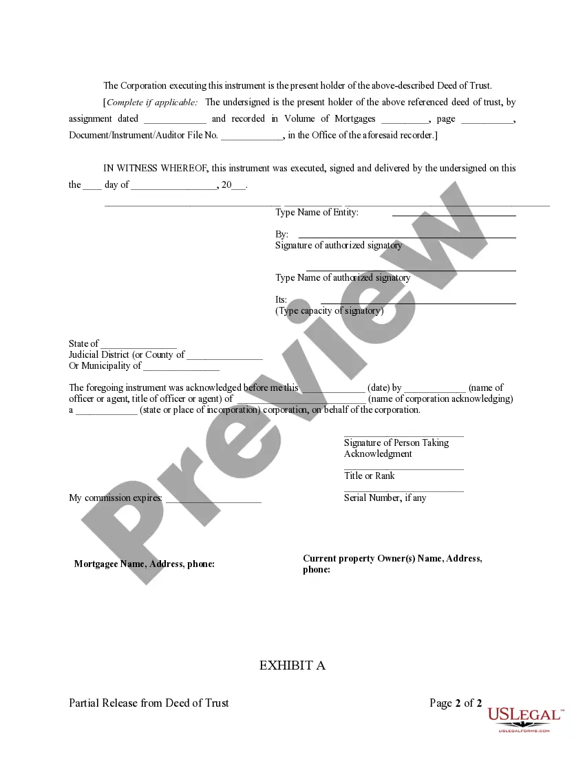Get Partial Release of Property From Deed of Trust for Corporation Preview Partial Release of Property From Deed of Trust for Corporation