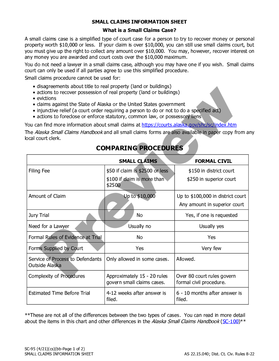 Anchorage Alaska Small Claims Information Sheet US Legal Forms