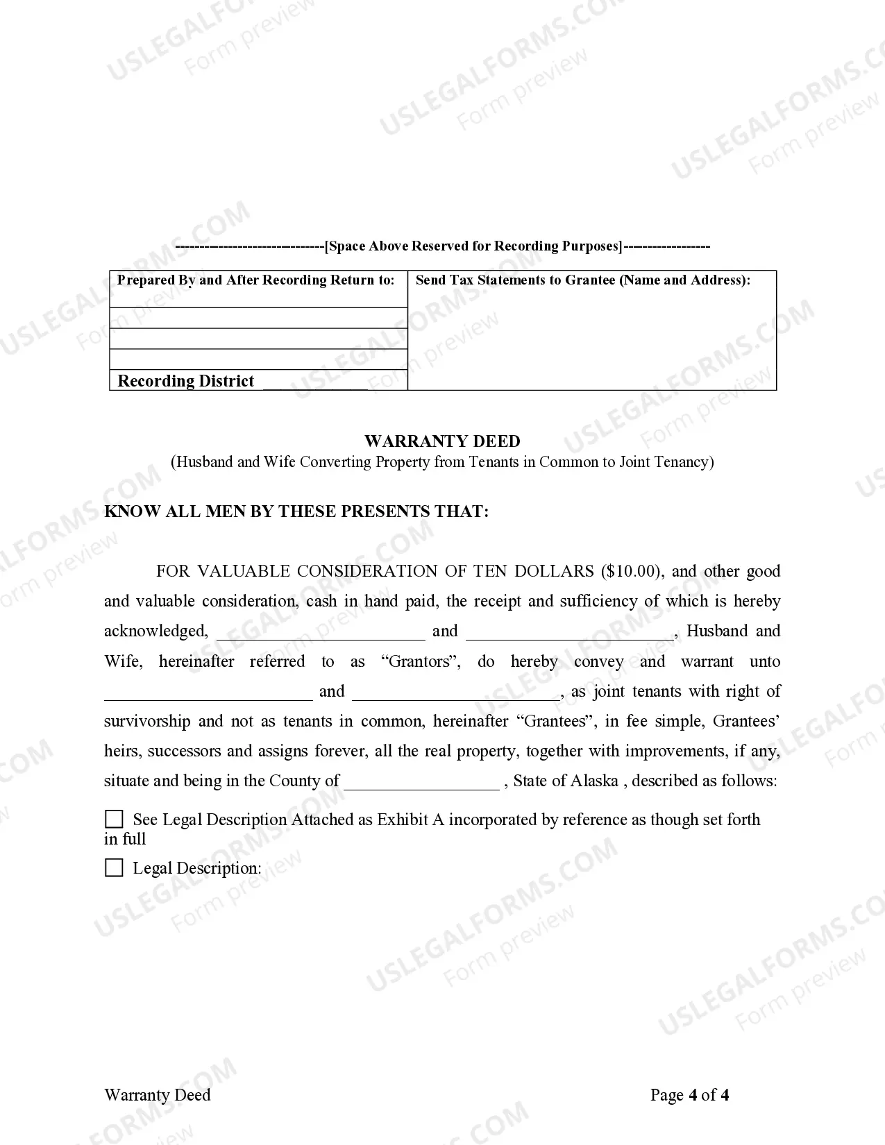 Preview Warranty Deed for Husband and Wife Converting Property from Tenants in Common to Joint Tenancy