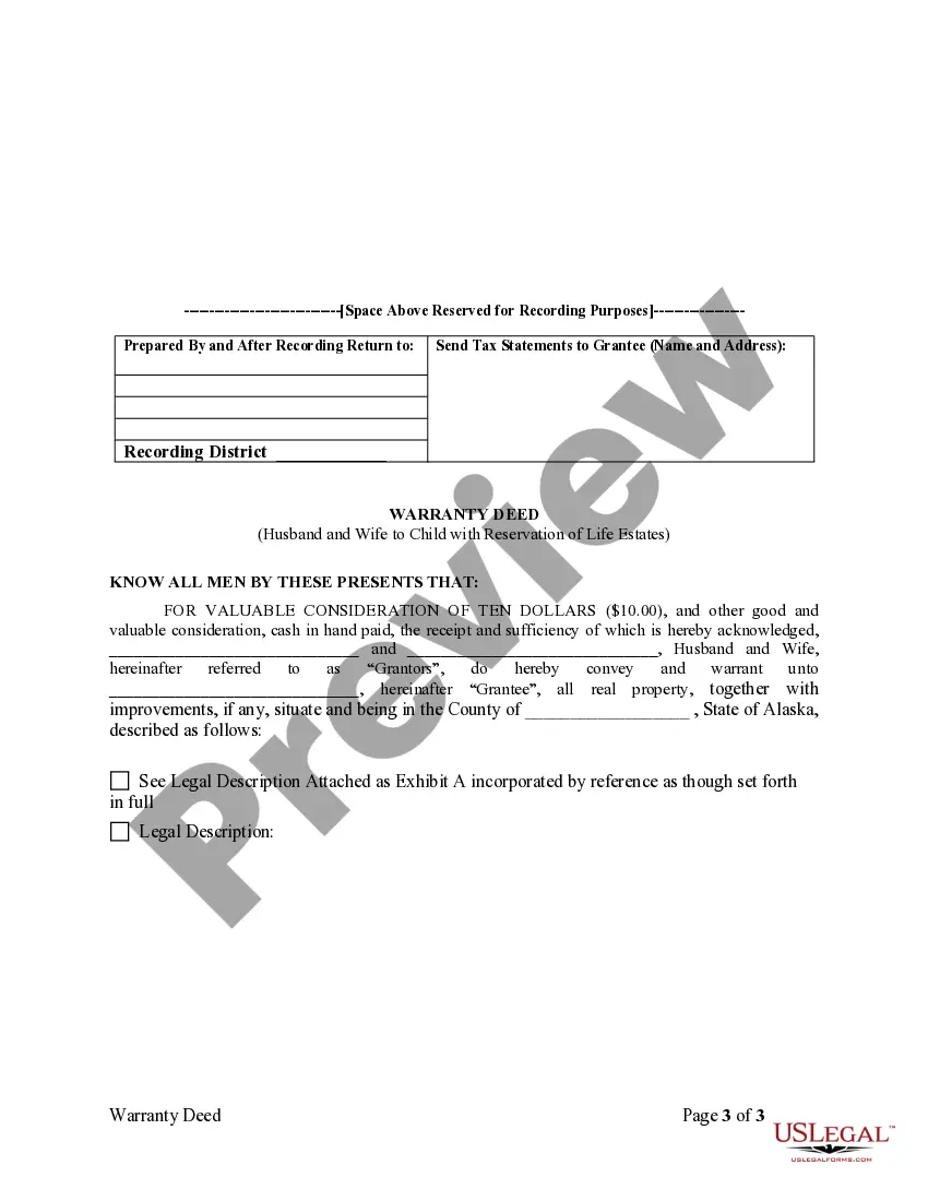 Preview Warranty Deed for Parents to Child with Reservation of Life Estate