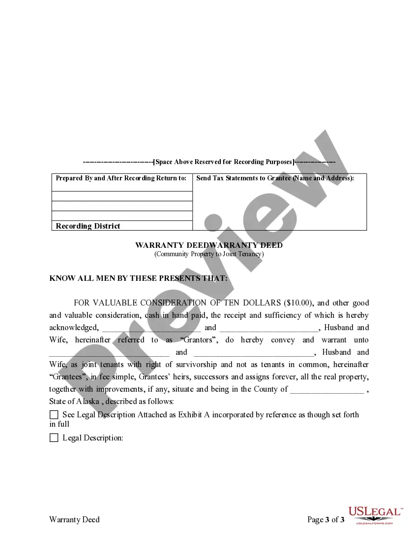 Get Warranty Deed to convert Community Property to Joint Tenancy Preview Warranty Deed to convert Community Property to Joint Tenancy