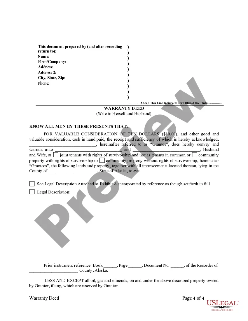 Preview Warranty Deed to Separate Property of one Spouse to both as Joint Tenants or as Community Property with Right of Survivorship