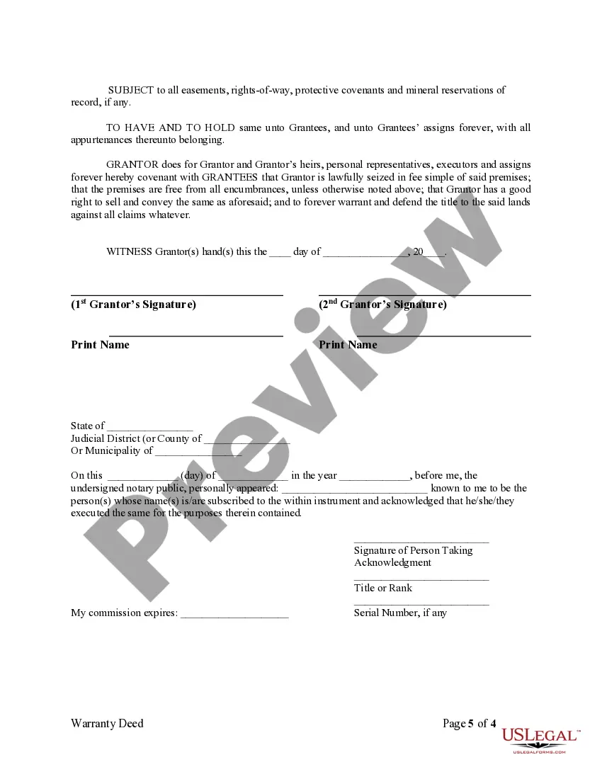 Preview Warranty Deed to Separate Property of one Spouse to both as Joint Tenants or as Community Property with Right of Survivorship