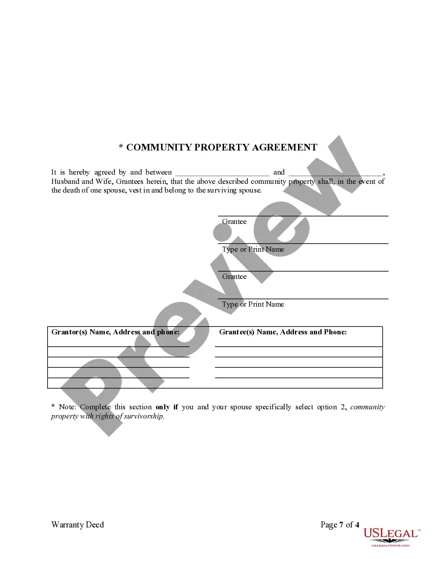 Preview Warranty Deed to Separate Property of one Spouse to both as Joint Tenants or as Community Property with Right of Survivorship