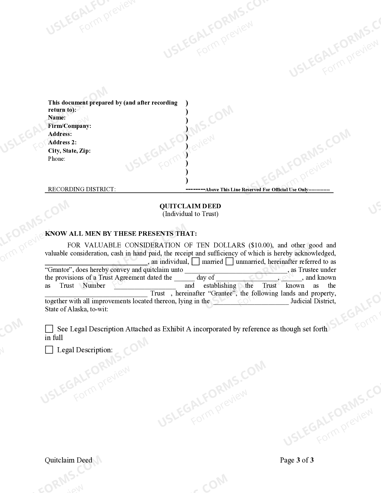 Alaska Quitclaim Deed for Individual to a Trust Quit Claim Deed US