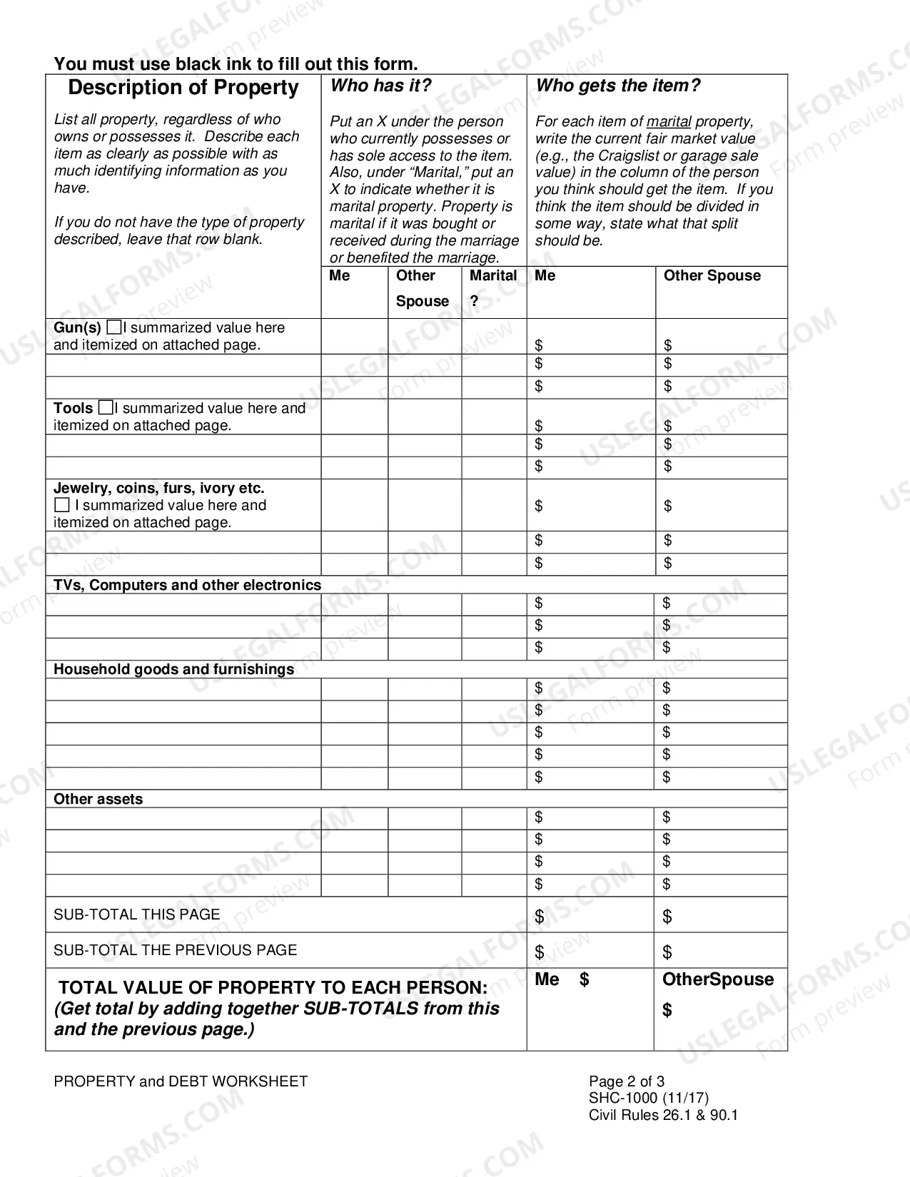Preview Property & Debt Worksheet, SHC-1000