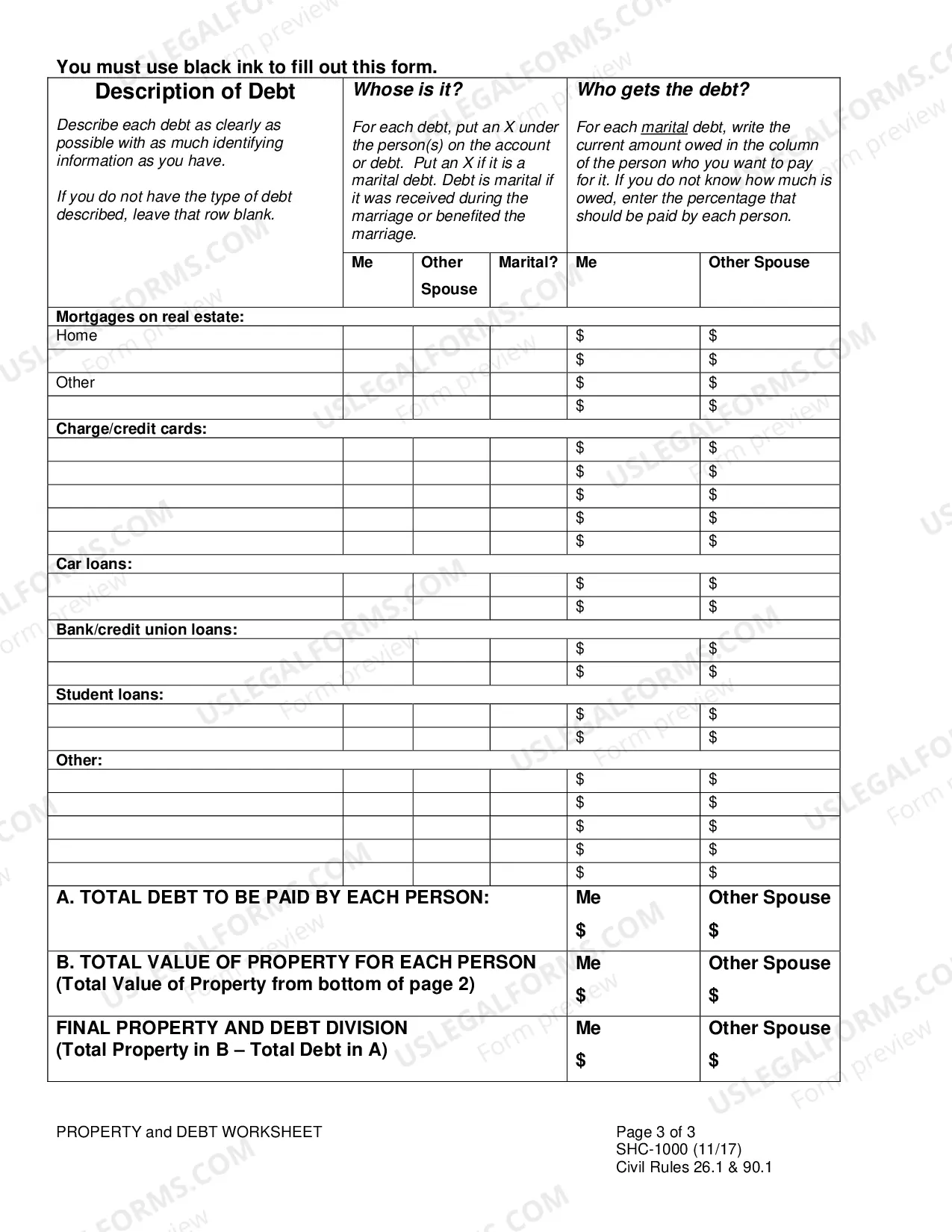 Preview Property & Debt Worksheet, SHC-1000