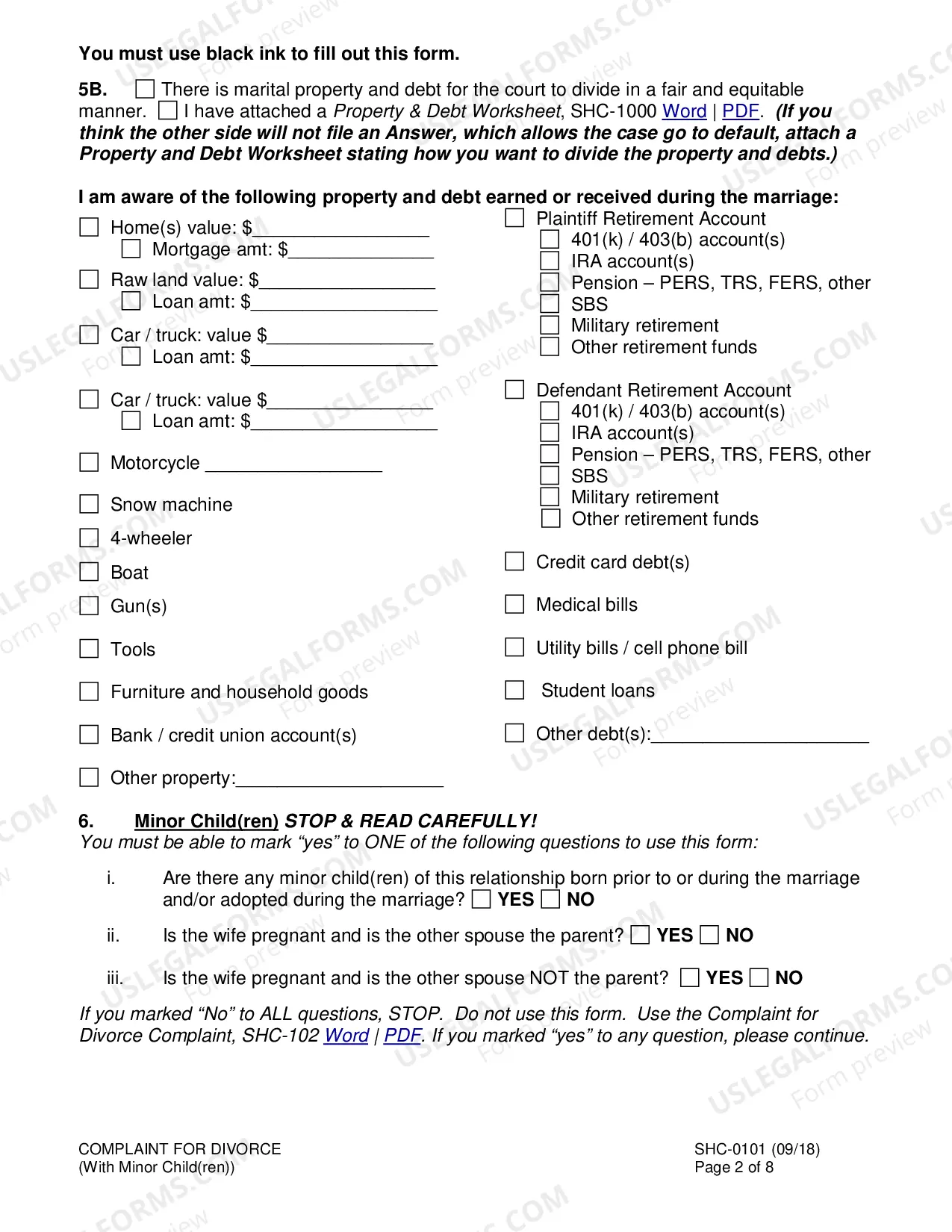 Preview Divorce Complaint, SHC-101
