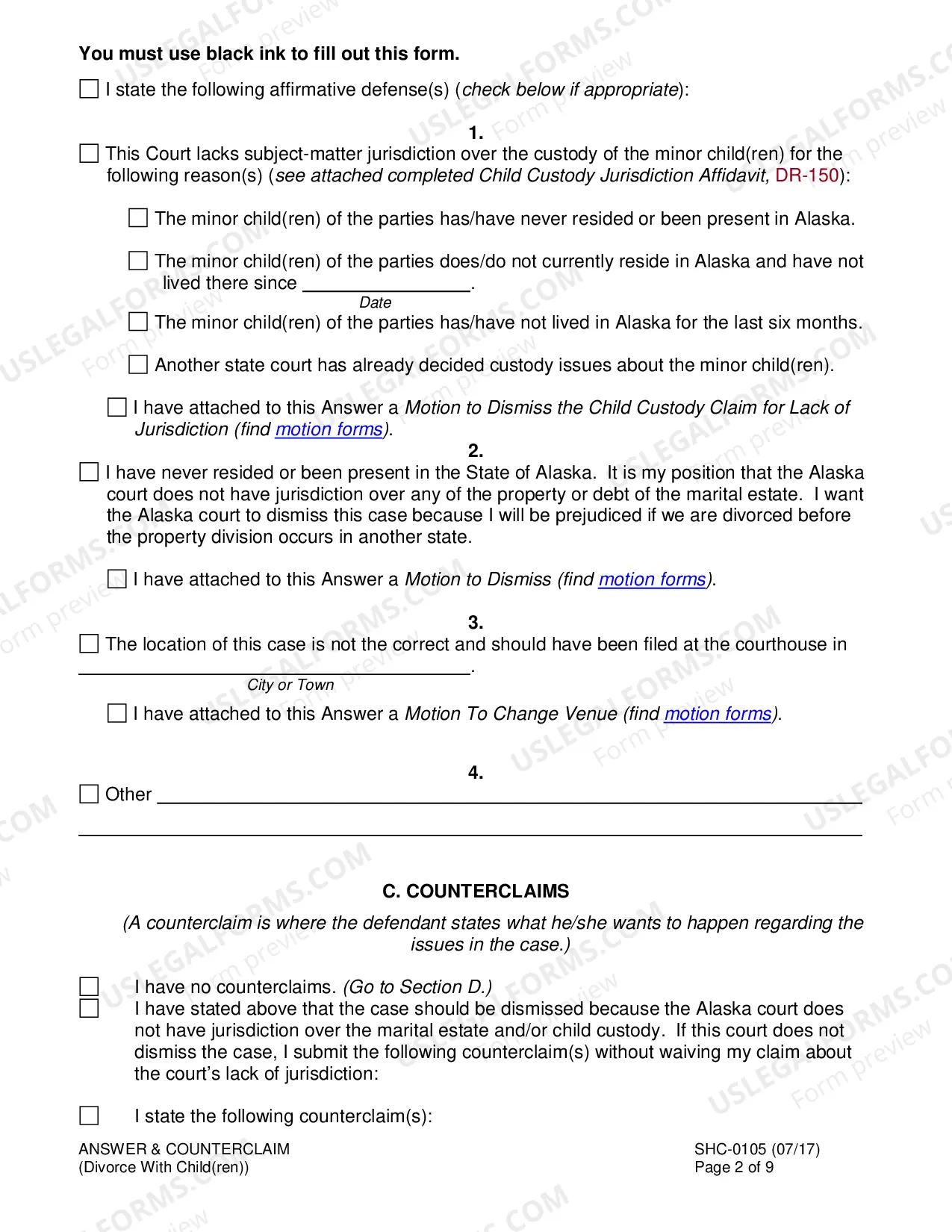 Preview Answer & Counterclaim to Divorce With Minor Children, SHC-105