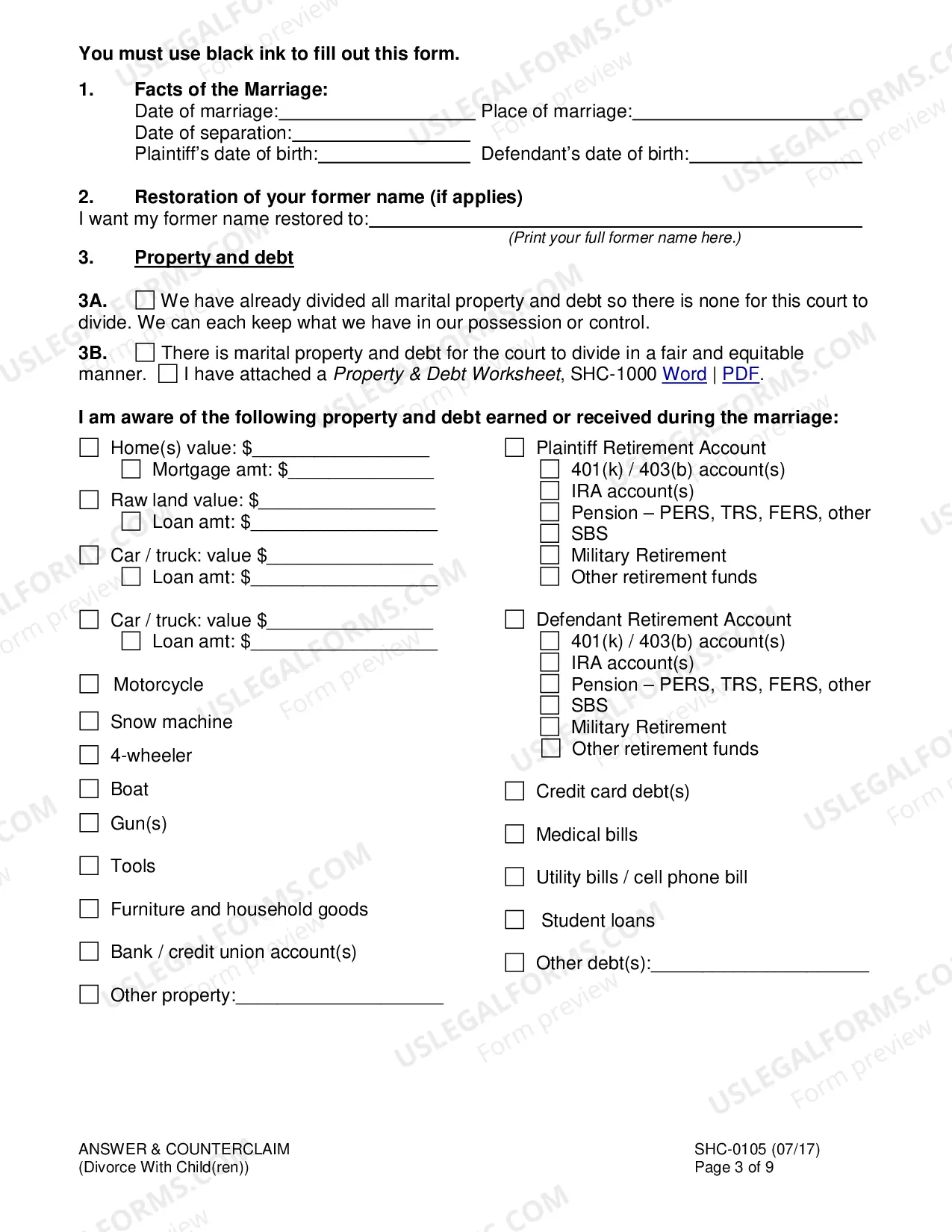 Preview Answer & Counterclaim to Divorce With Minor Children, SHC-105