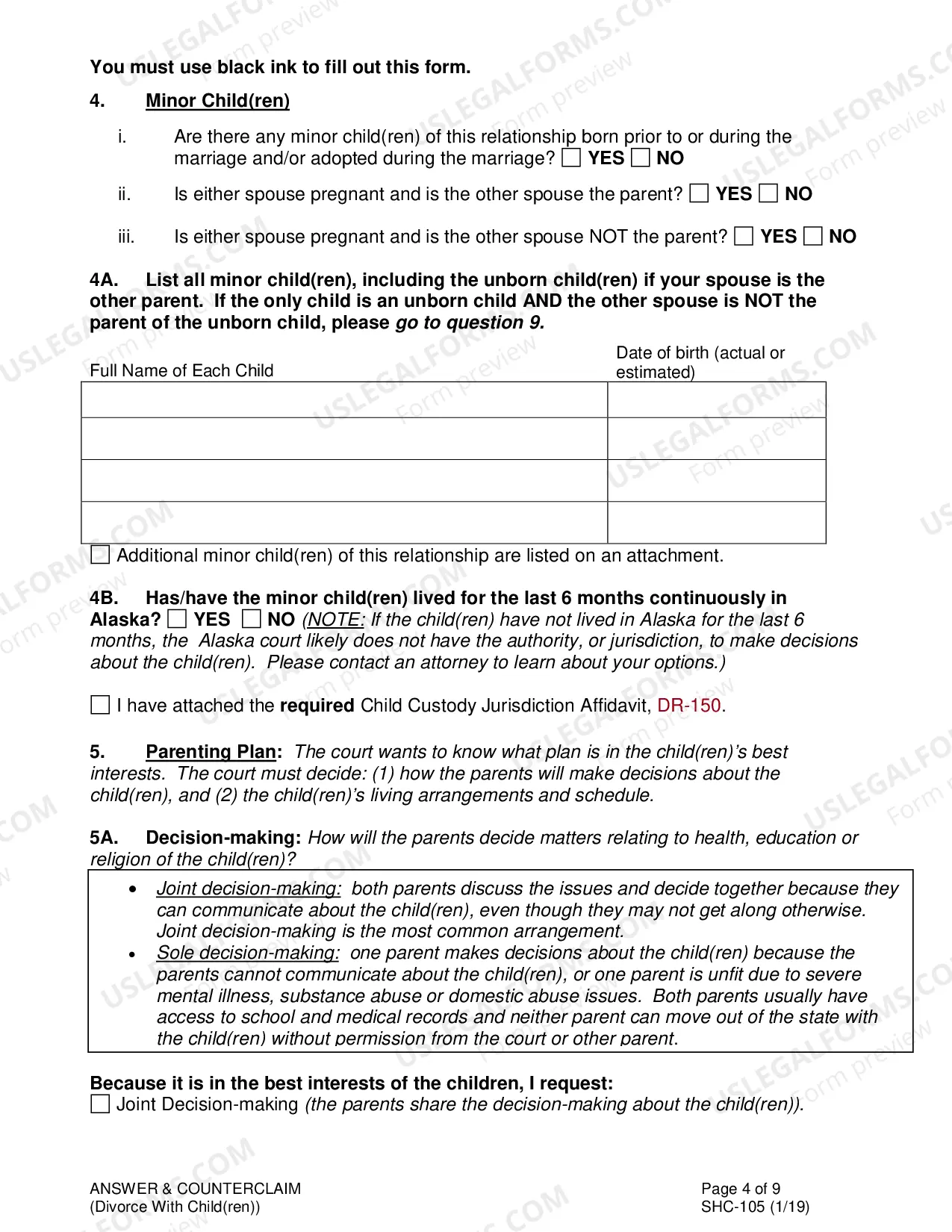 Preview Answer & Counterclaim to Divorce With Minor Children, SHC-105