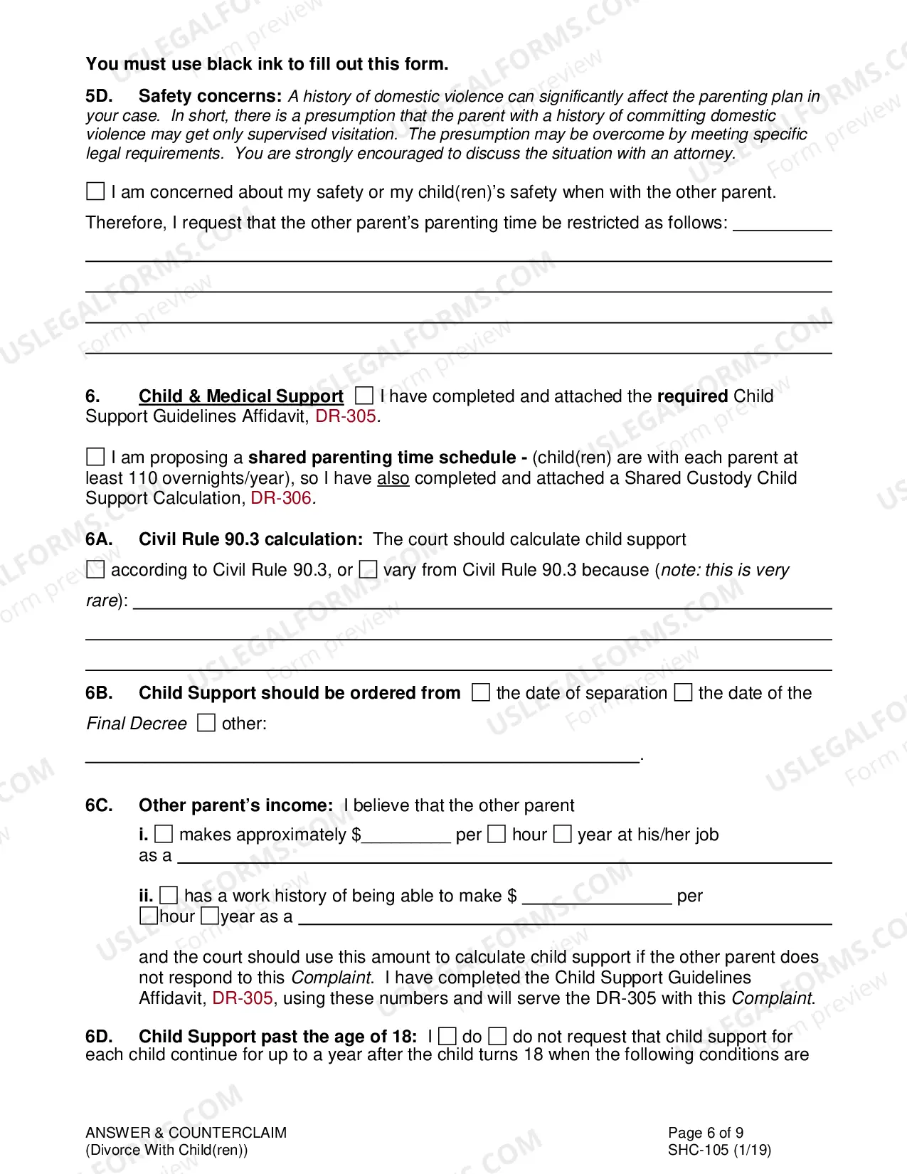 Preview Answer & Counterclaim to Divorce With Minor Children, SHC-105