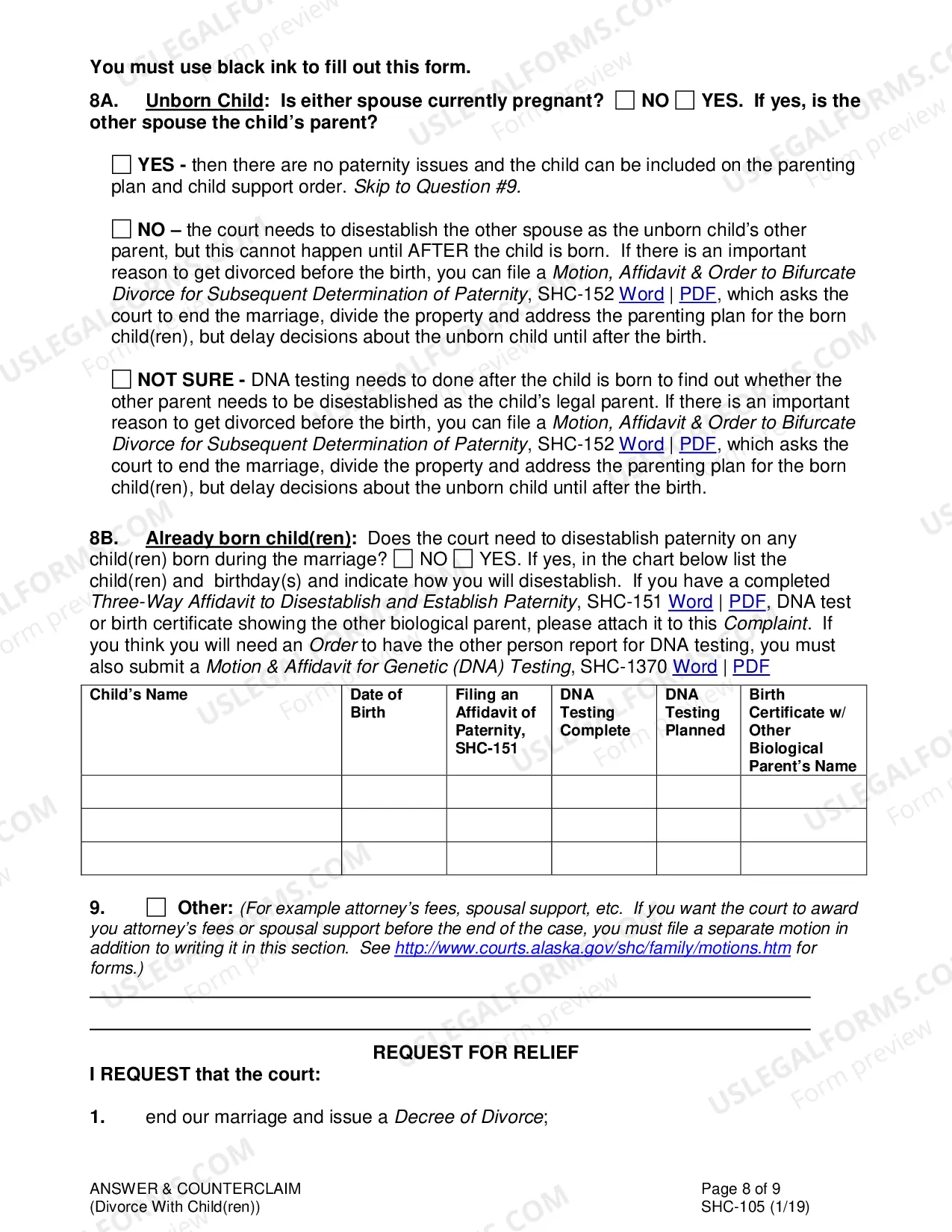 Preview Answer & Counterclaim to Divorce With Minor Children, SHC-105