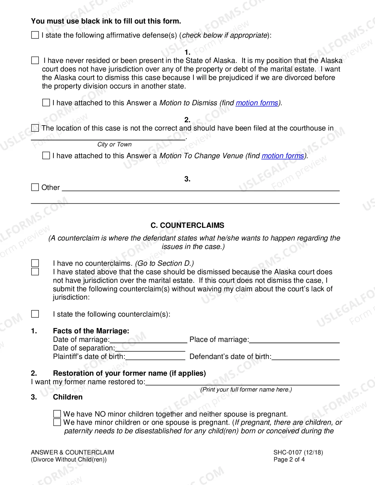 Preview Answer & Counterclaim to Divorce Without Minor Children, SHC-107