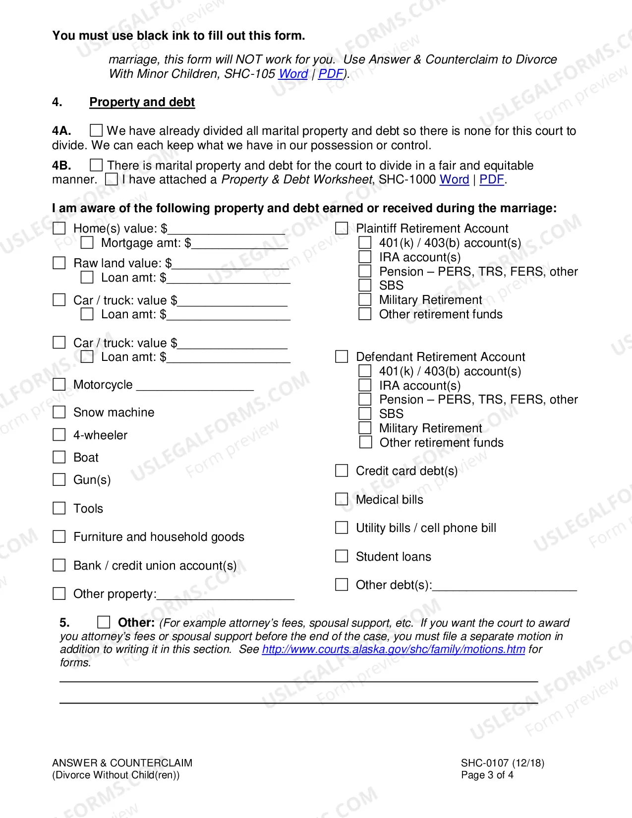 Preview Answer & Counterclaim to Divorce Without Minor Children, SHC-107
