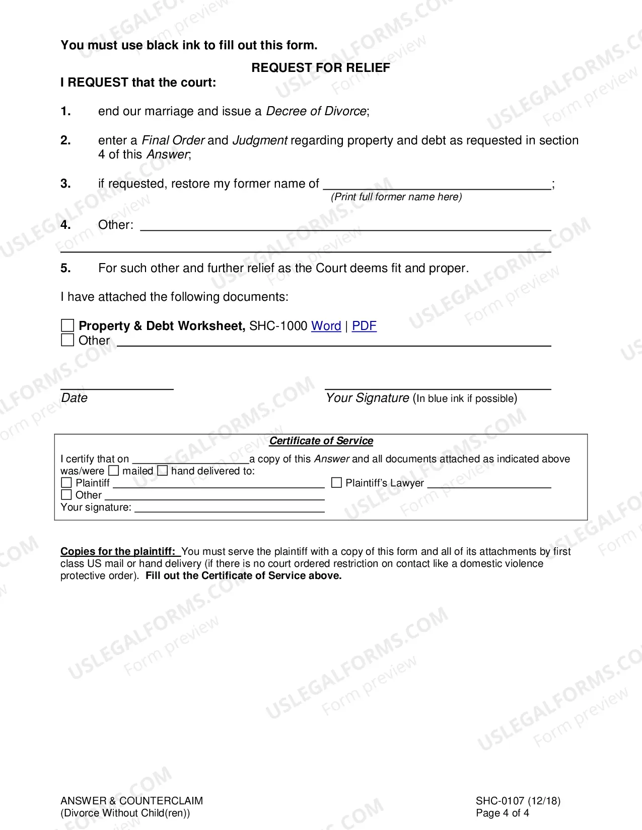 Preview Answer & Counterclaim to Divorce Without Minor Children, SHC-107