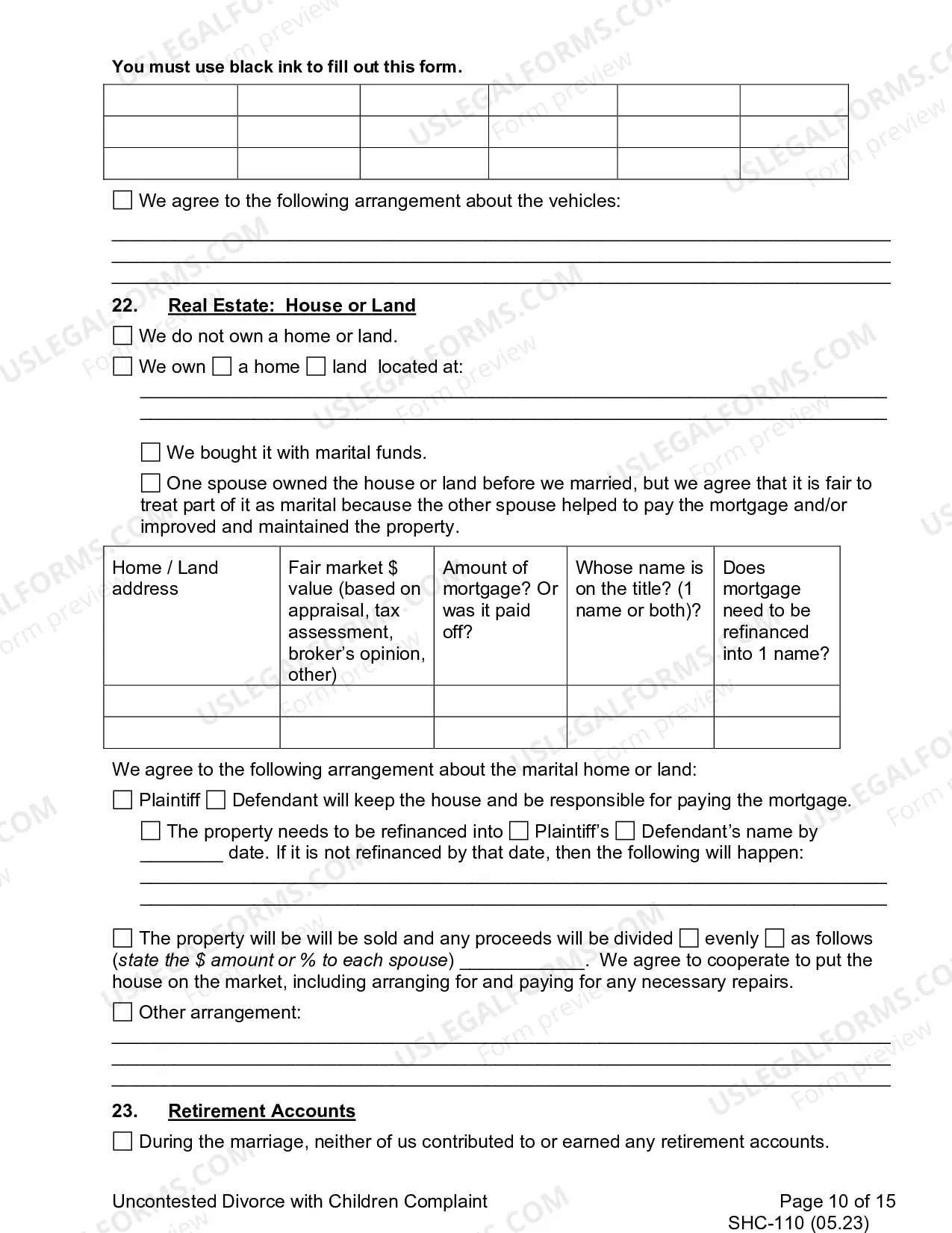 Preview Uncontested Complaint for Divorce With Children, SHC-110