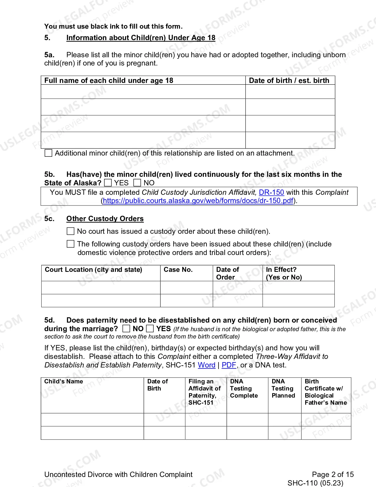 Preview Uncontested Complaint for Divorce With Children, SHC-110