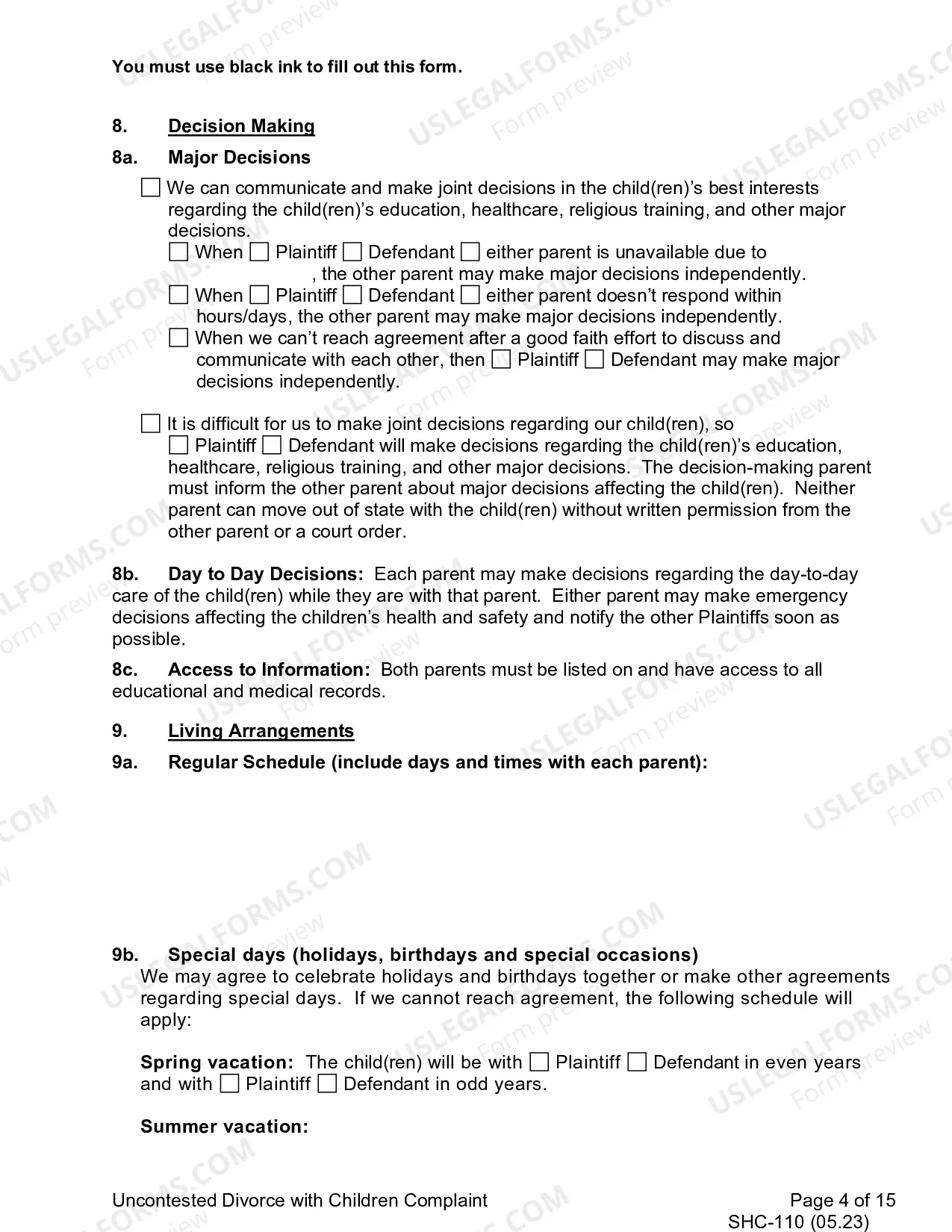 Preview Uncontested Complaint for Divorce With Children, SHC-110