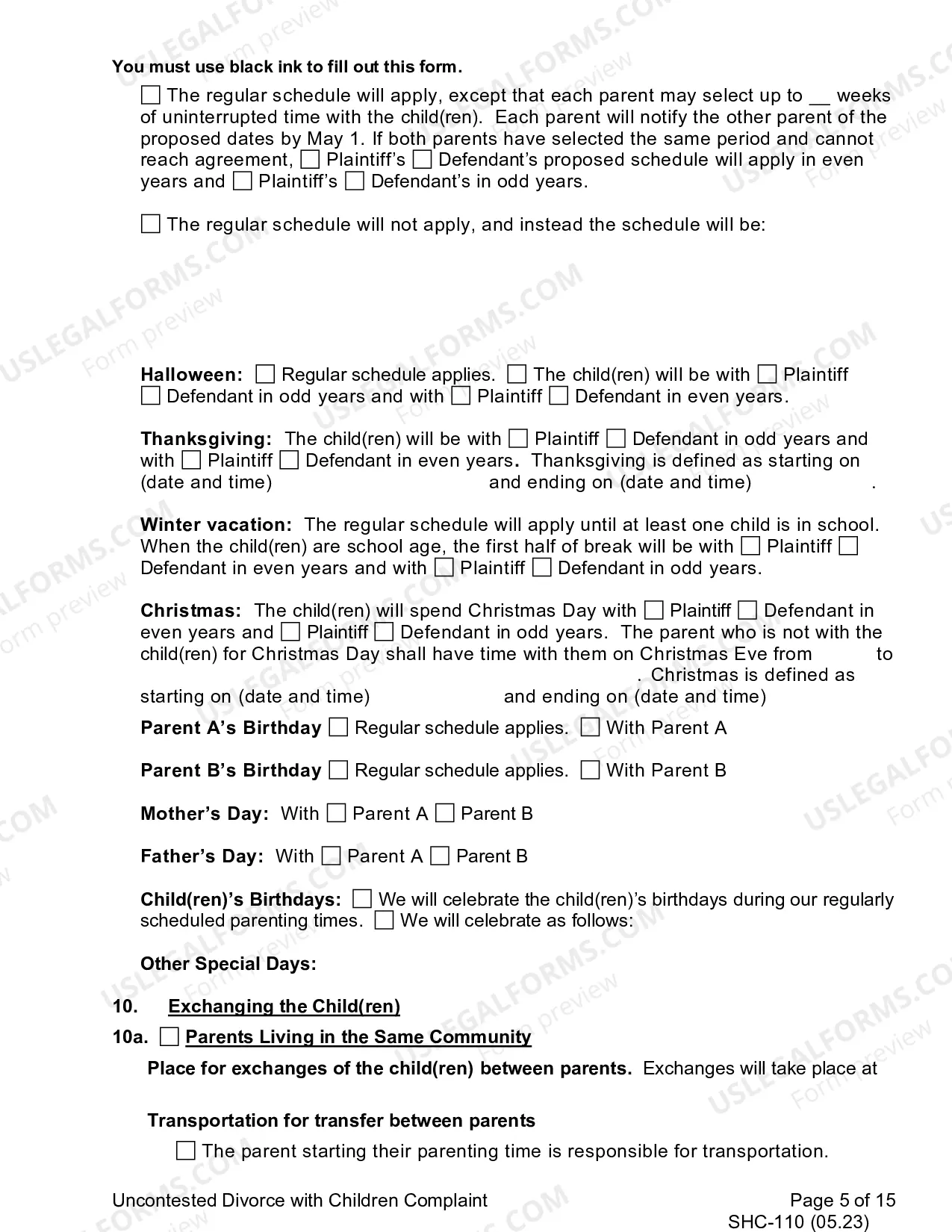 Preview Uncontested Complaint for Divorce With Children, SHC-110