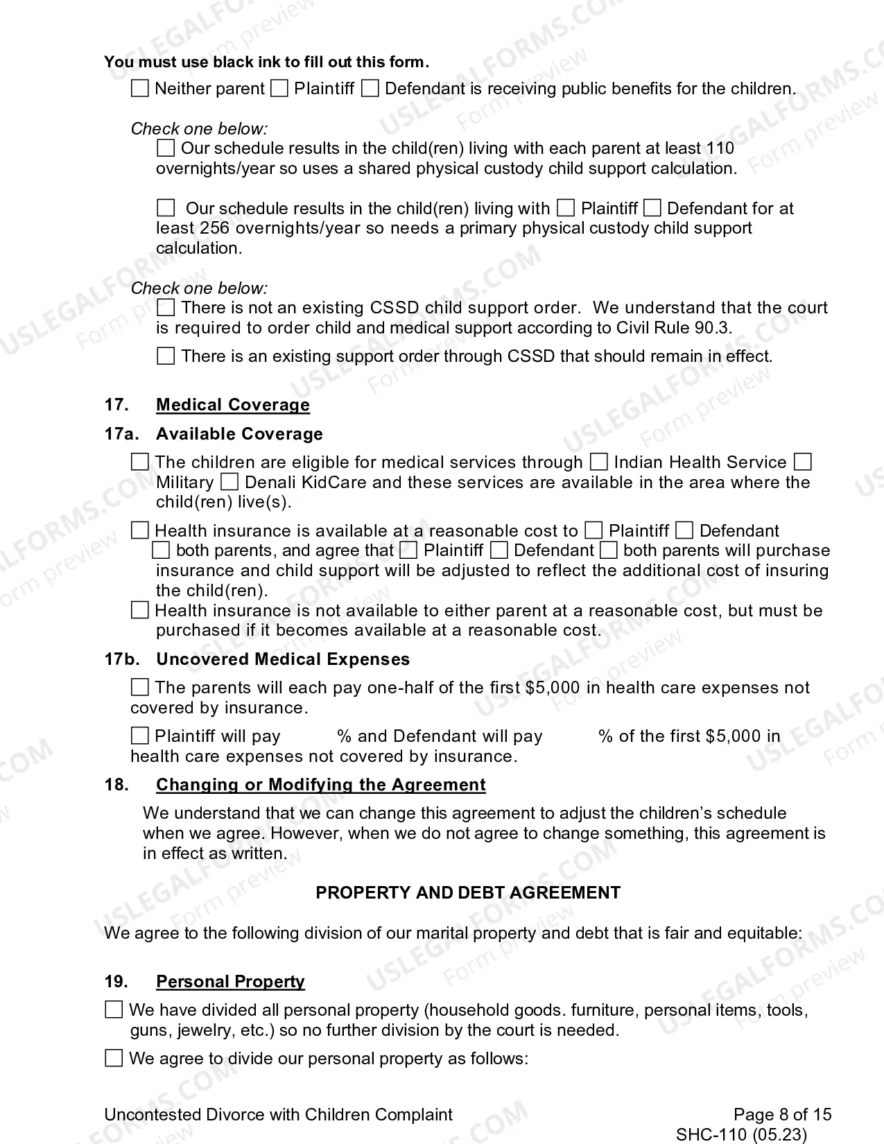 Preview Uncontested Complaint for Divorce With Children, SHC-110