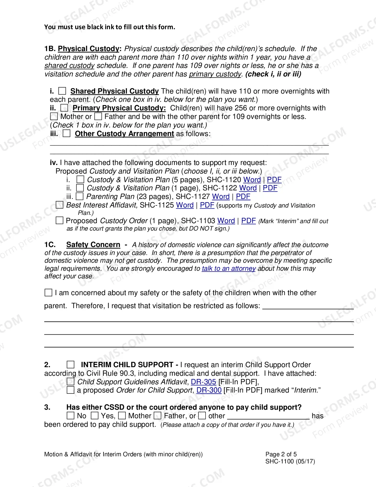 Preview Motion and Affidavit for Interim Orders - With Children, SHC-1100