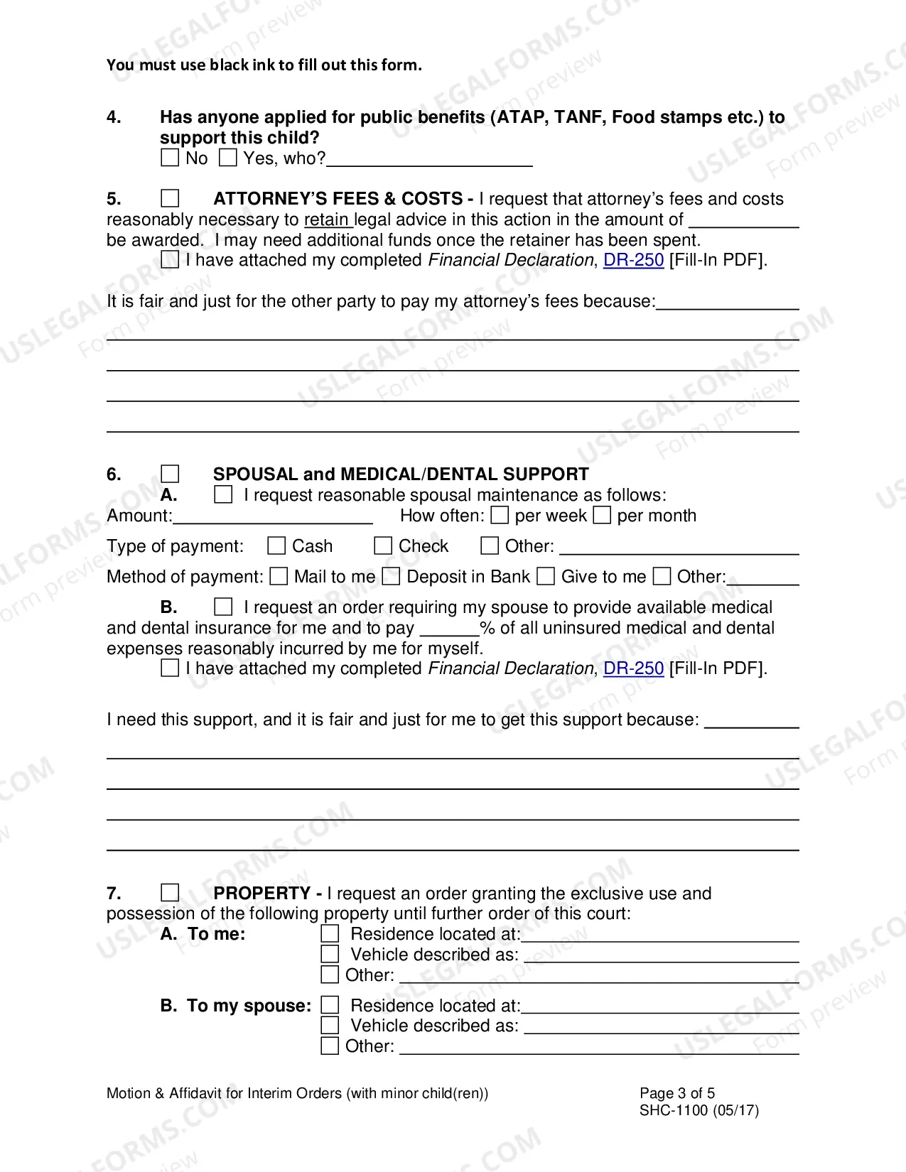 Preview Motion and Affidavit for Interim Orders - With Children, SHC-1100