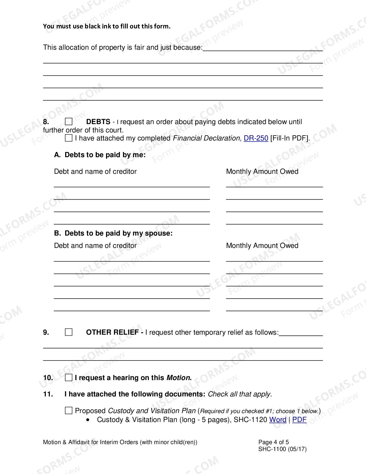 Preview Motion and Affidavit for Interim Orders - With Children, SHC-1100