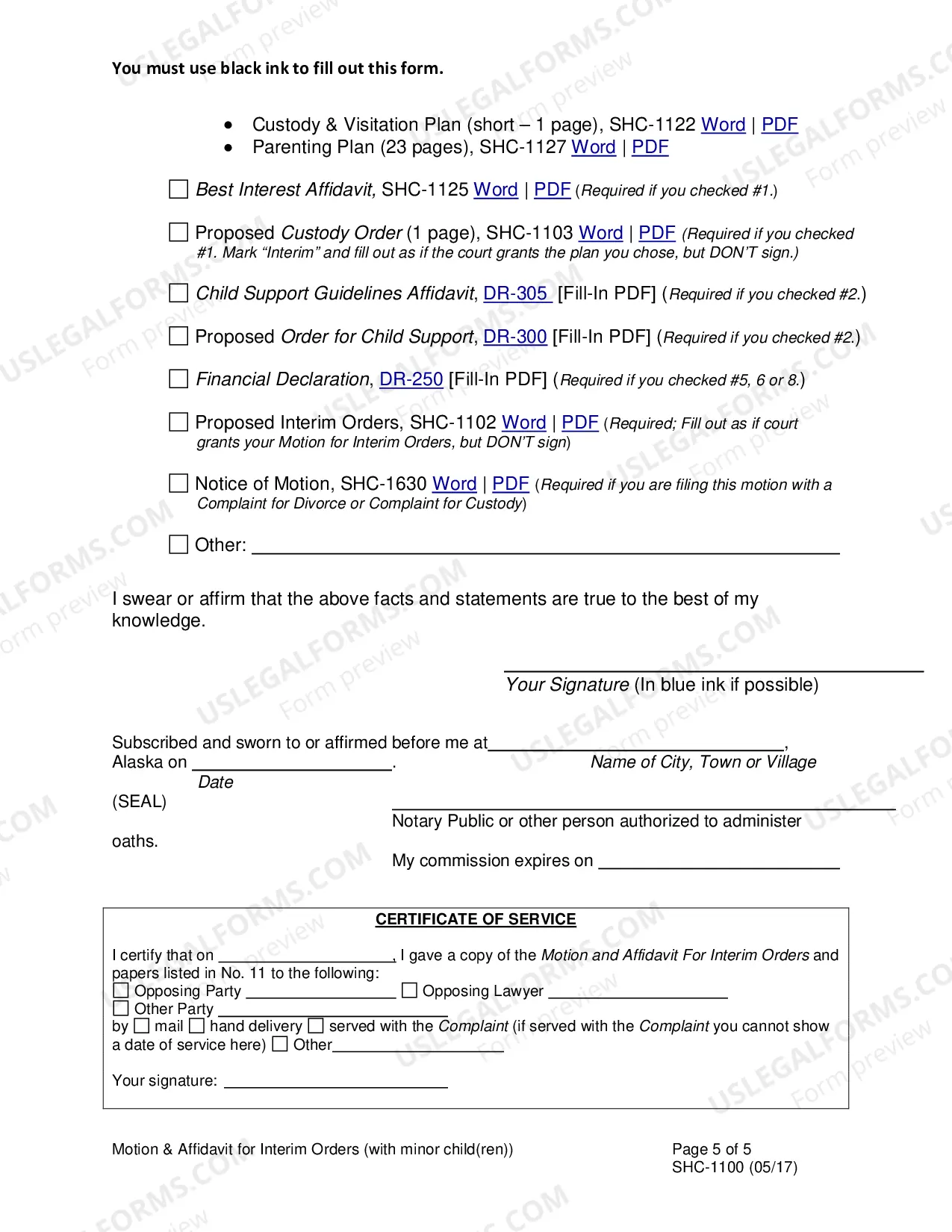 Preview Motion and Affidavit for Interim Orders - With Children, SHC-1100