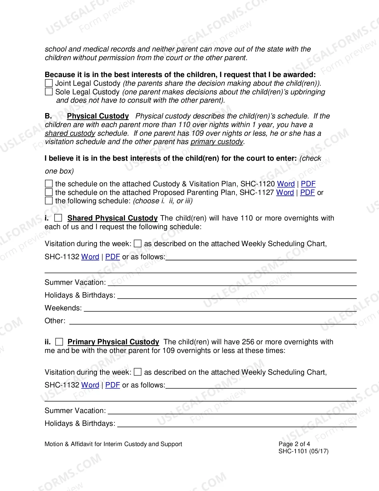 Preview Motion and Affidavit for Interim Custody & Support, SHC-1101