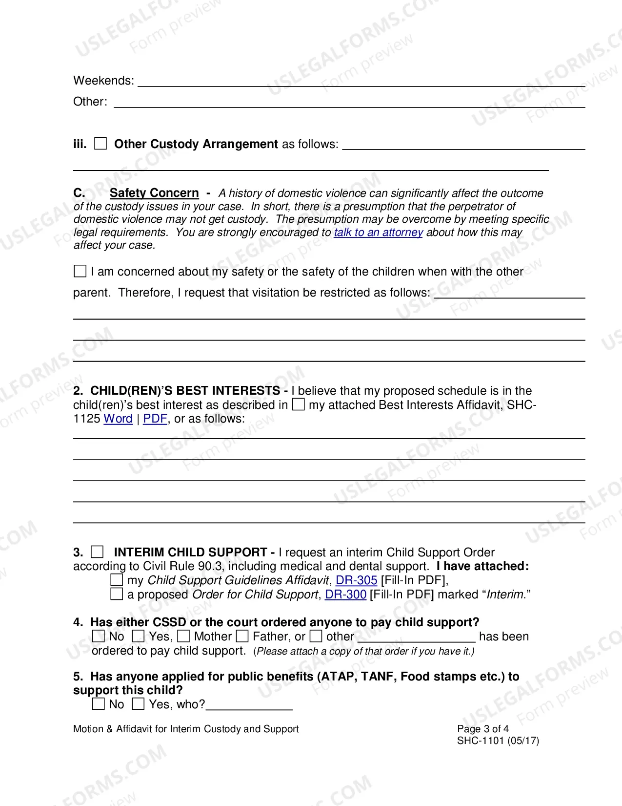 Preview Motion and Affidavit for Interim Custody & Support, SHC-1101
