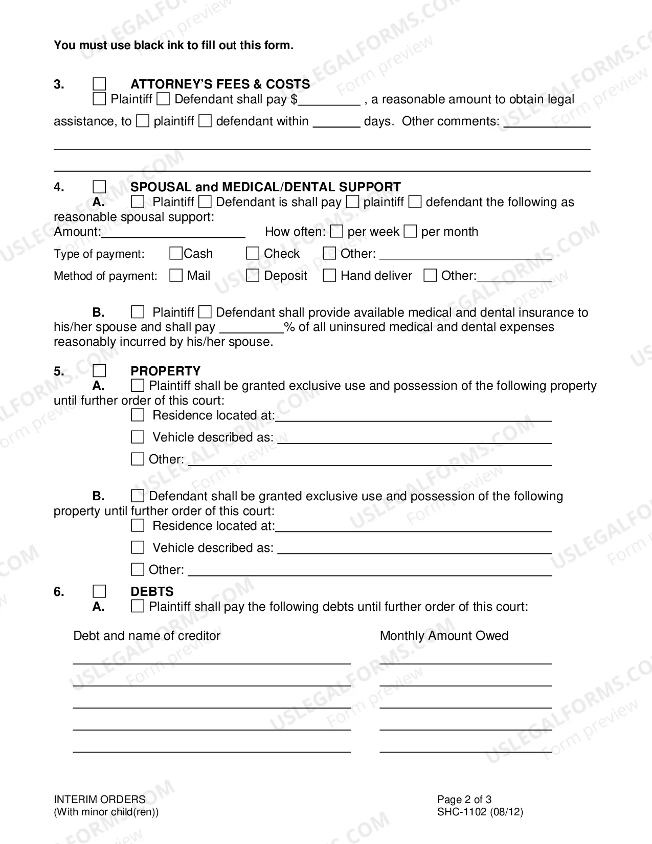 Preview Order on Interim Orders - With Children, SHC-1102