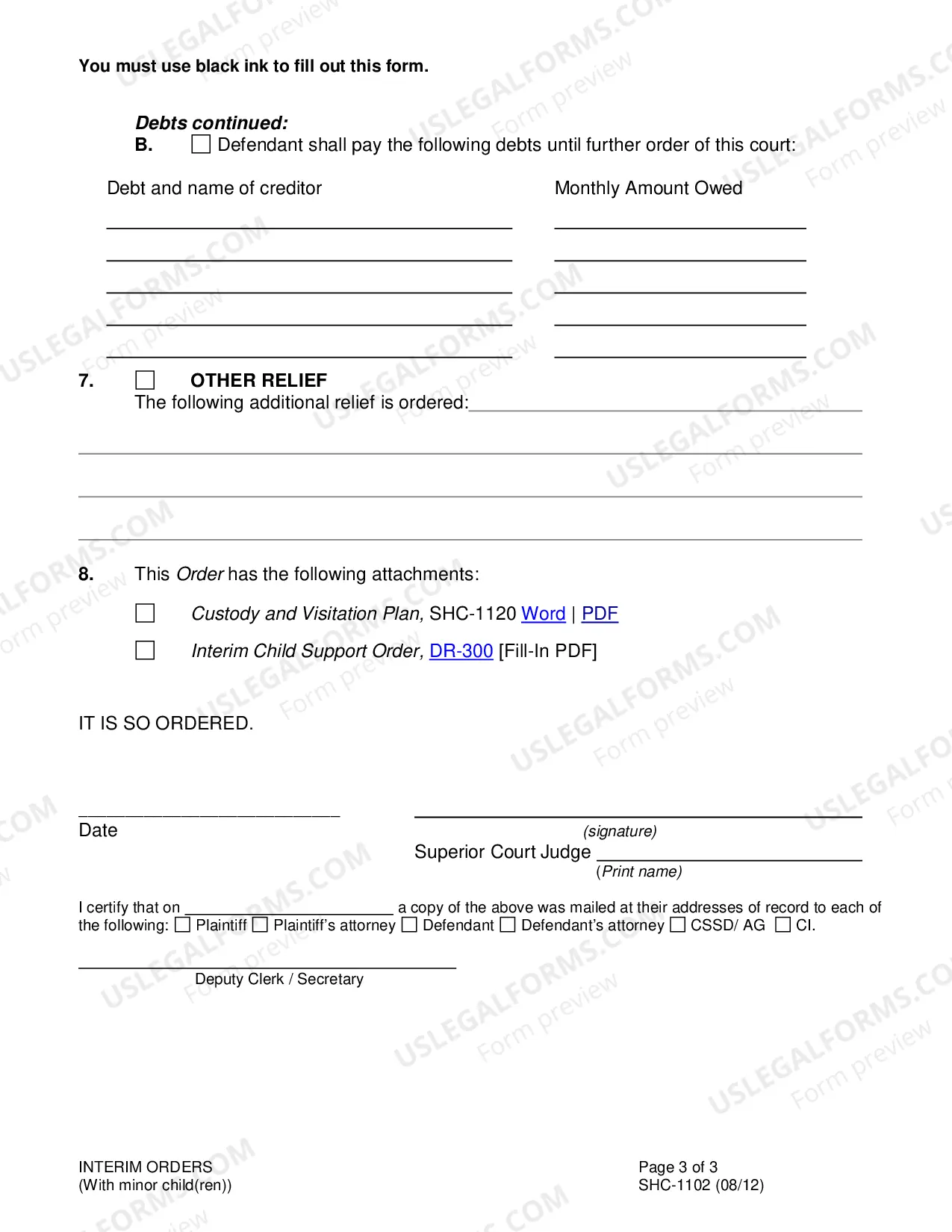 Preview Order on Interim Orders - With Children, SHC-1102