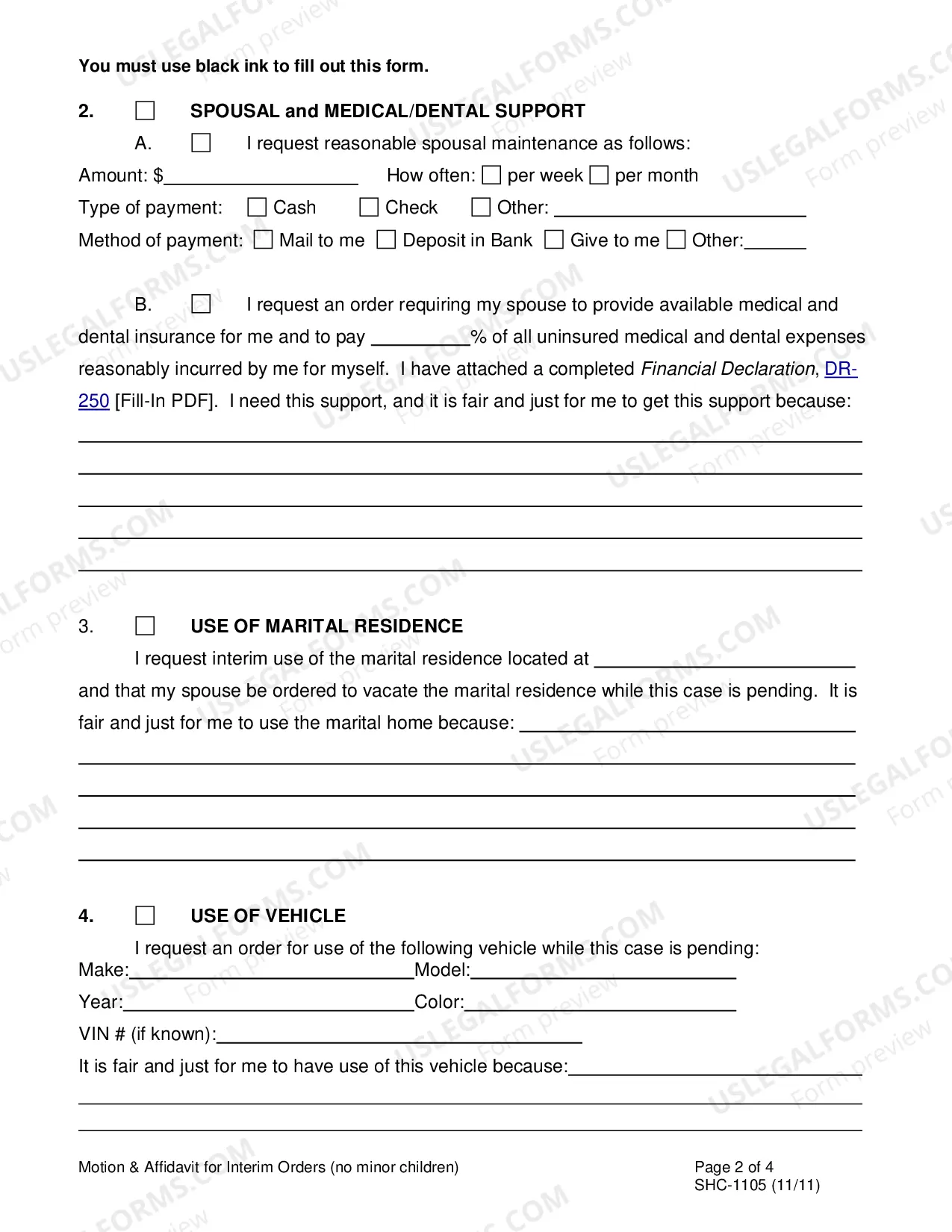 Preview Motion and Affidavit for Interim Orders - No Children, SHC-1105