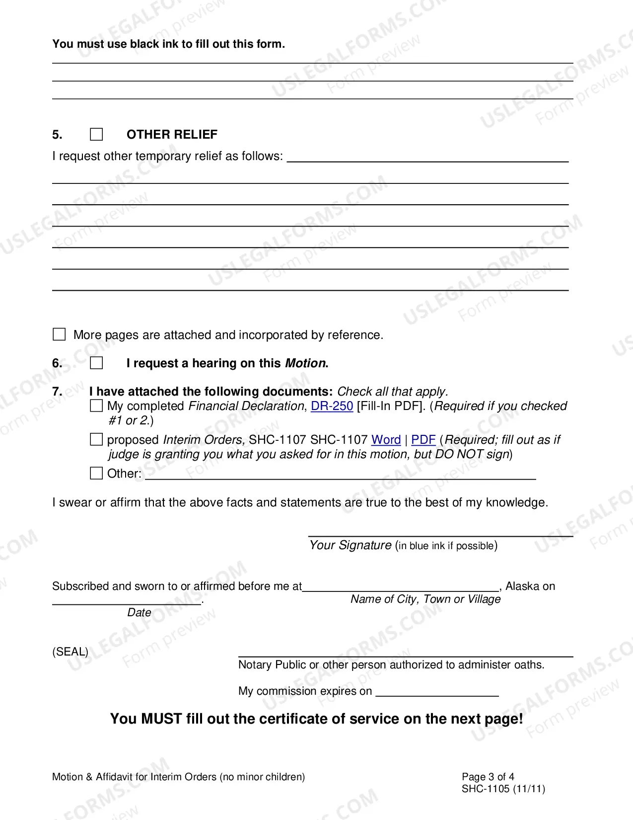 Preview Motion and Affidavit for Interim Orders - No Children, SHC-1105