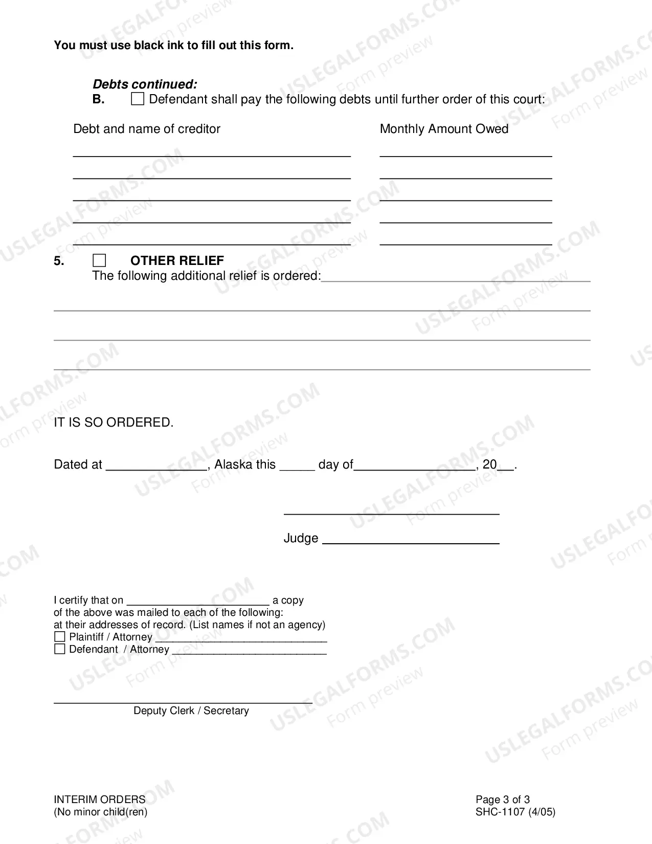 Preview Order on Interim Orders - No Children, SHC-1107