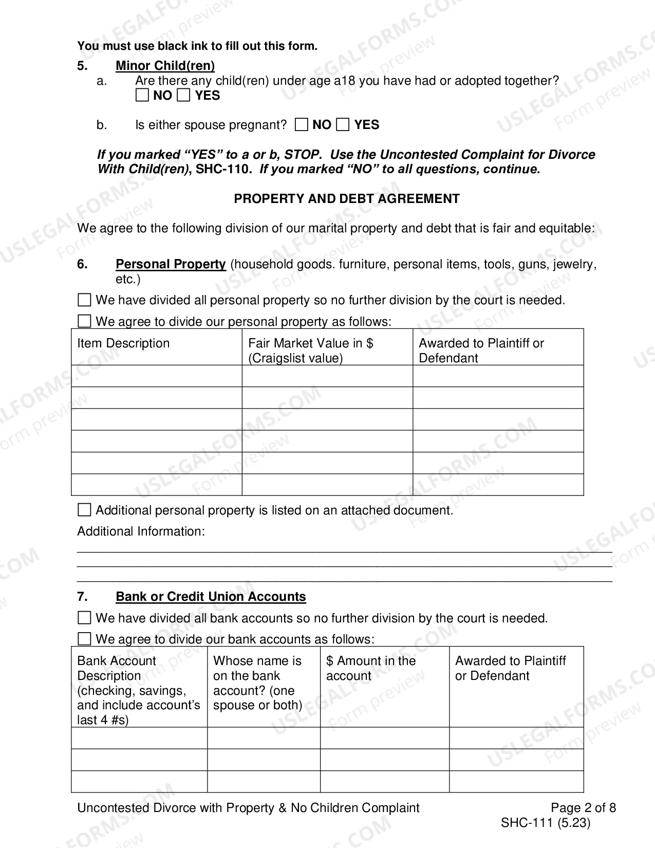 Preview Uncontested Complaint for Divorce Without Children, SHC-111