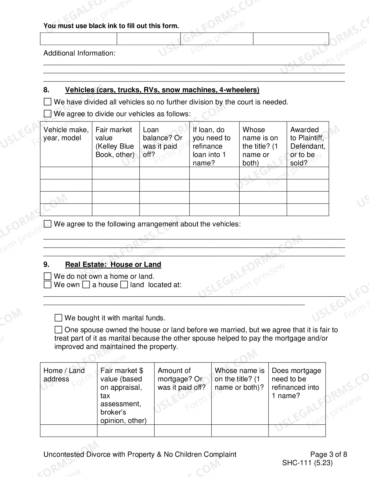 Preview Uncontested Complaint for Divorce Without Children, SHC-111