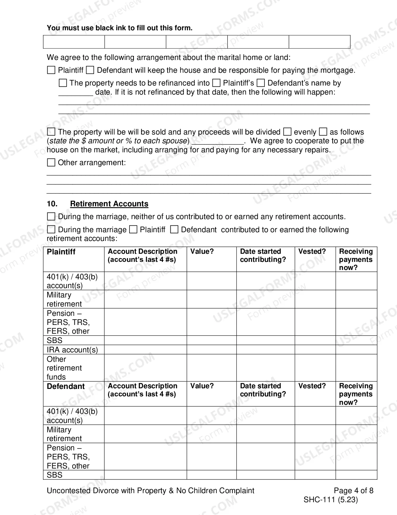 Preview Uncontested Complaint for Divorce Without Children, SHC-111