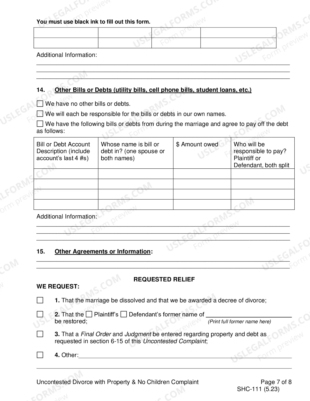 Preview Uncontested Complaint for Divorce Without Children, SHC-111